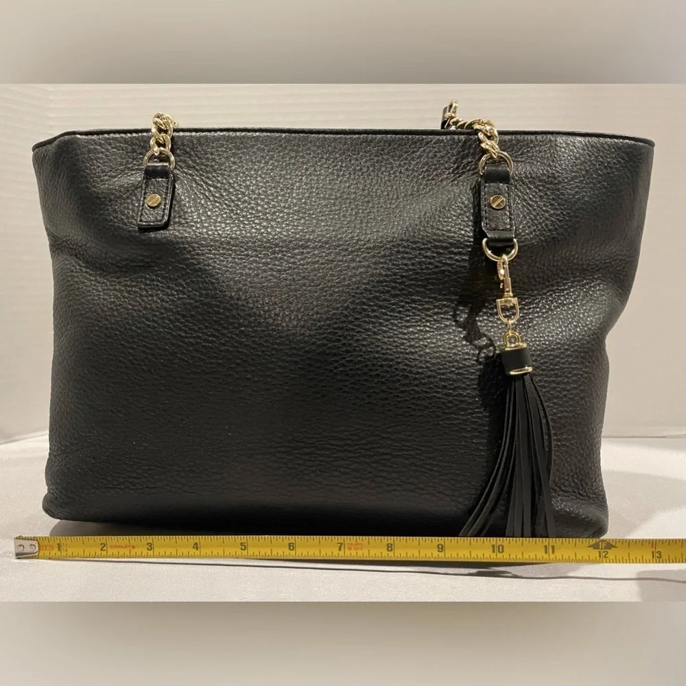 MICHAEL KORS Jet Set Gold Chain Tassel Black Pebbled Leather Large Luggage Tote
